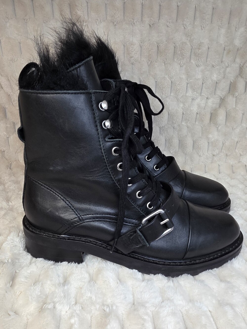 ALLSAINTS Black Leather Shearling Donita Combat Boots - Picture 8 of 11